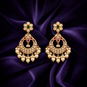 Gold plated floral chandbali earrings with pink green stones and pearl drops