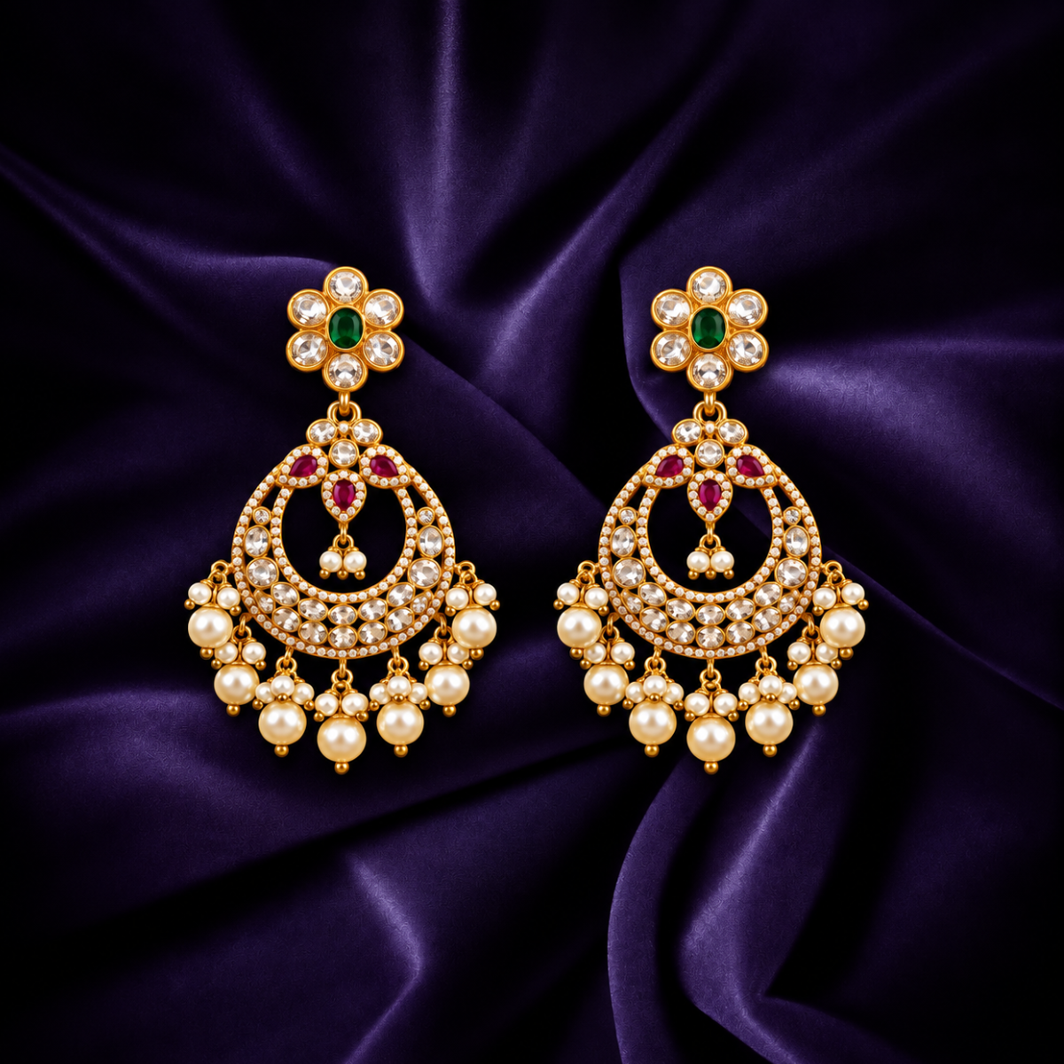 Gold plated floral chandbali earrings with pink green stones and pearl drops