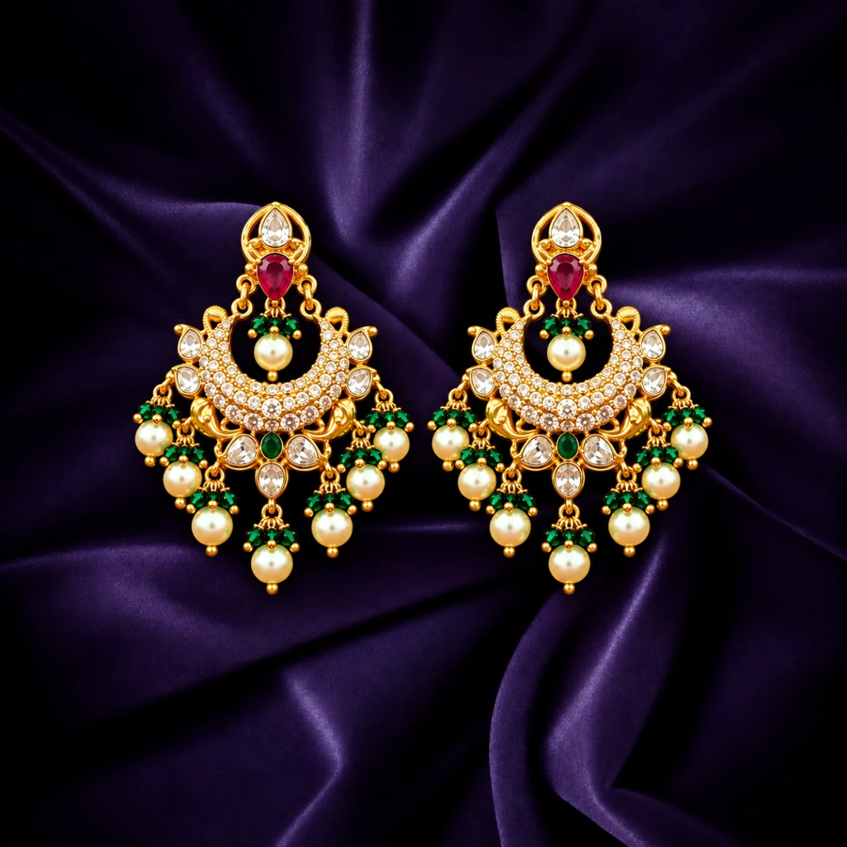 Gold plated traditional drop earrings with pink green stones and white pearl drops