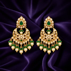 Gold plated peacock motif chandbali earrings with green stones and pearl drops