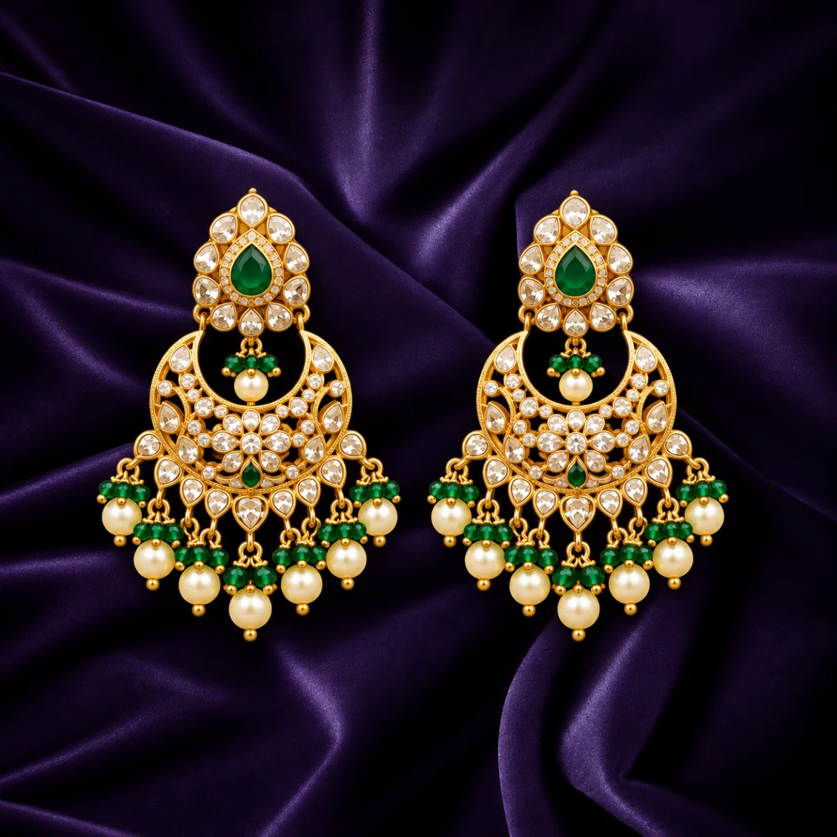 Gold plated peacock motif chandbali earrings with green stones and pearl drops