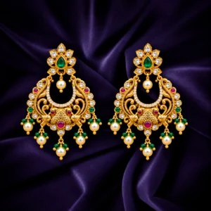 Gold plated peacock chandbali earrings with green stone pink accents and pearl drops
