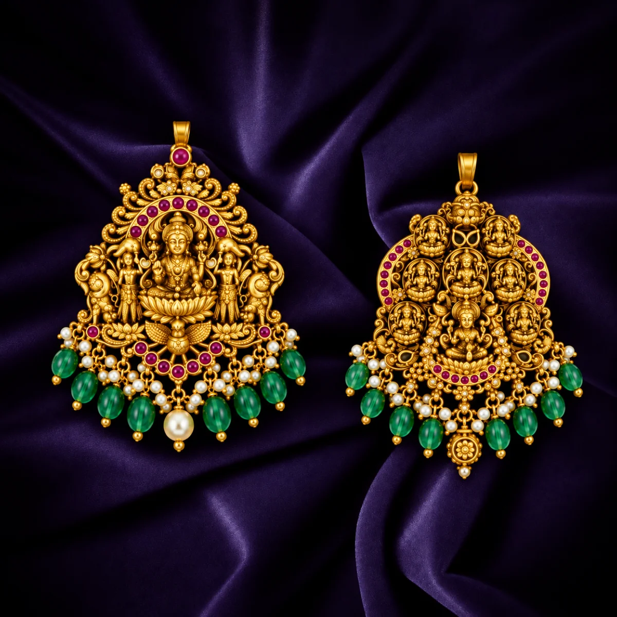 Gold plated traditional idol pendants with red stones green beads and pearls