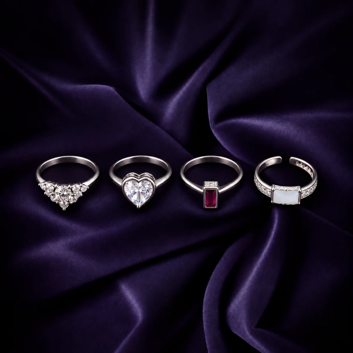 Sterling silver contemporary stone rings with heart and geometric designs