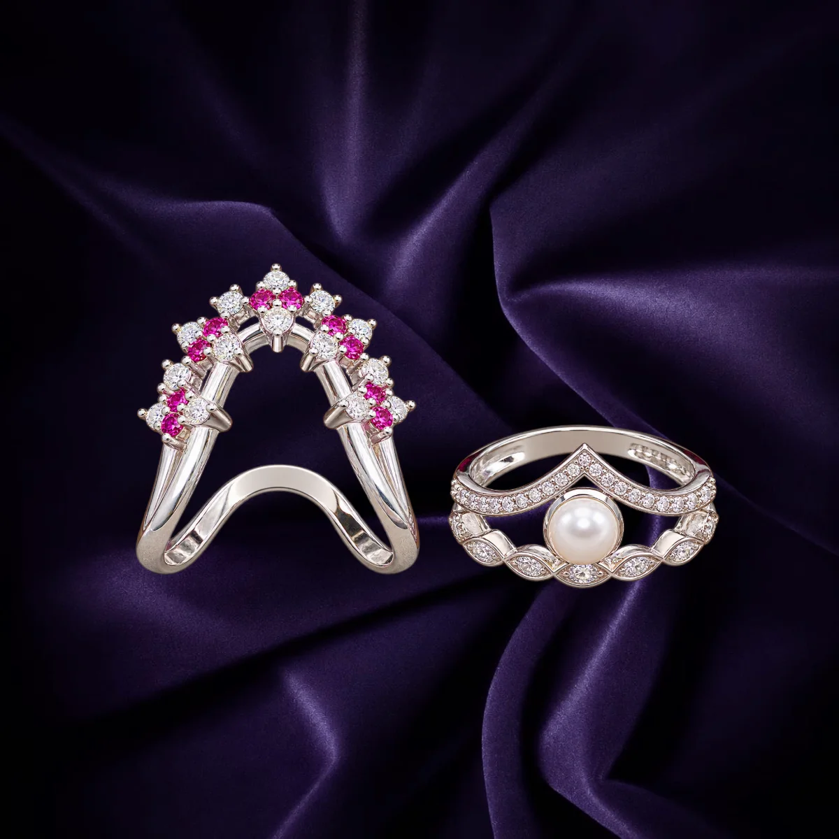 Pink stone and pearl fancy 92.5 sterling silver rings