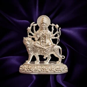 Silver Goddess Durga idol seated on lion