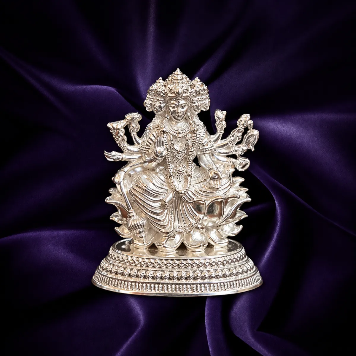Silver Goddess Lakshmi idol four armed seated on lotus