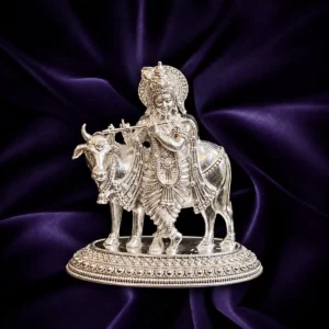 Silver Lord Krishna idol with cow and flute