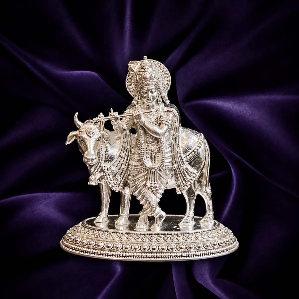 Silver Lord Krishna idol with cow and flute