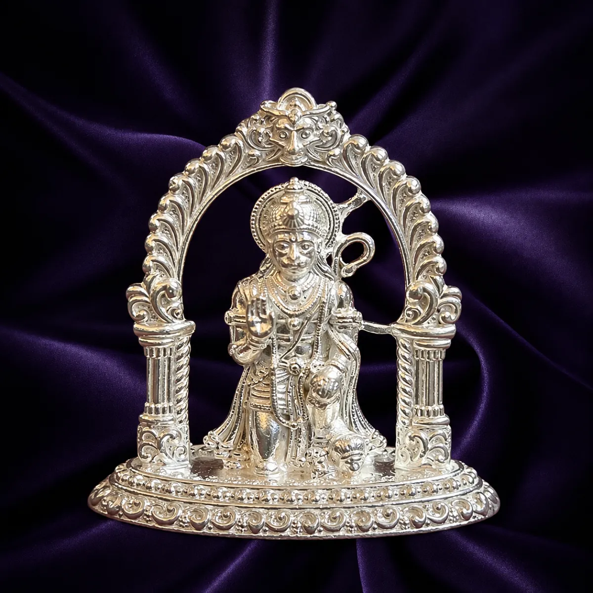 Silver Lord Hanuman idol with ornamental arch