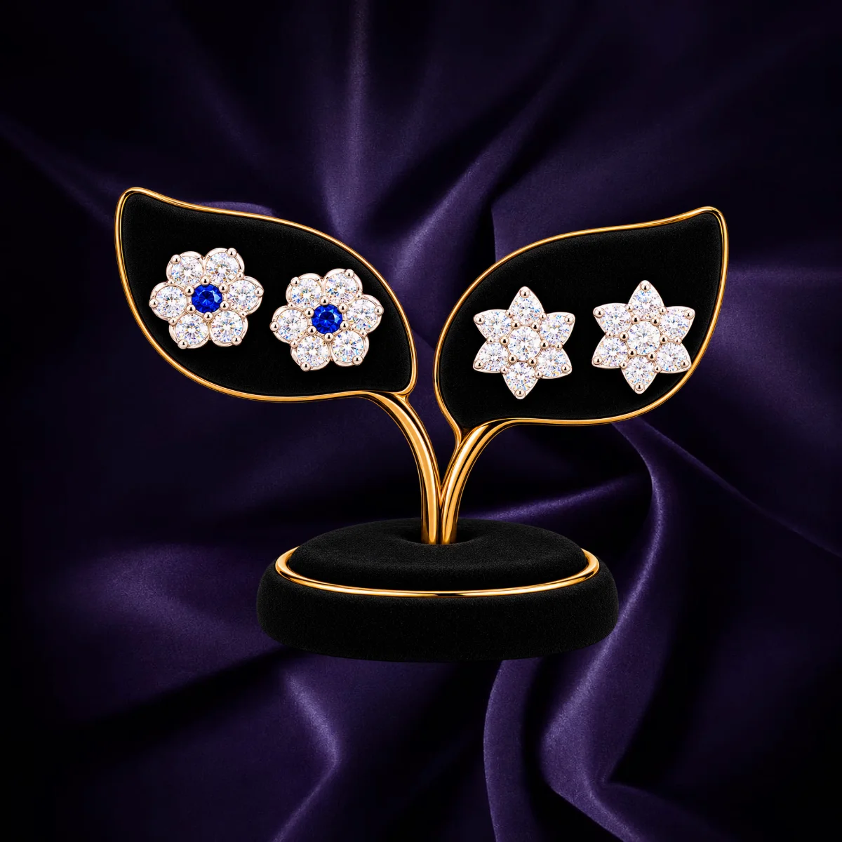 92.5 Sterling Silver floral stud earrings with blue center and clear stones