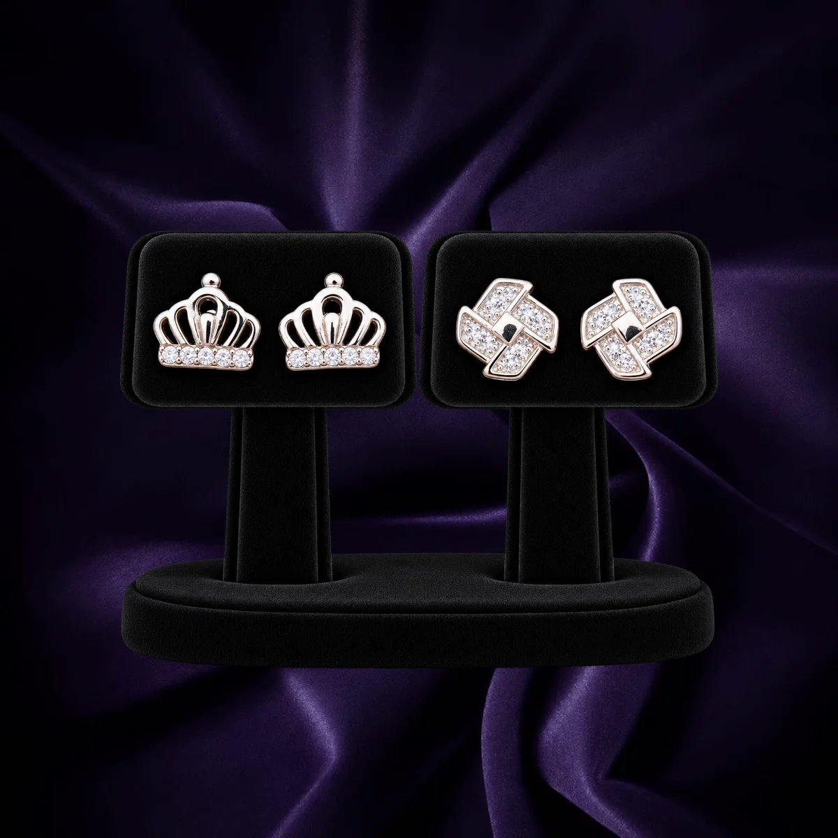 92.5 Sterling Silver crown and geometric stud earrings with clear stones
