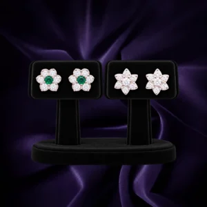 92.5 Sterling Silver floral stud earrings with green center and clear stones