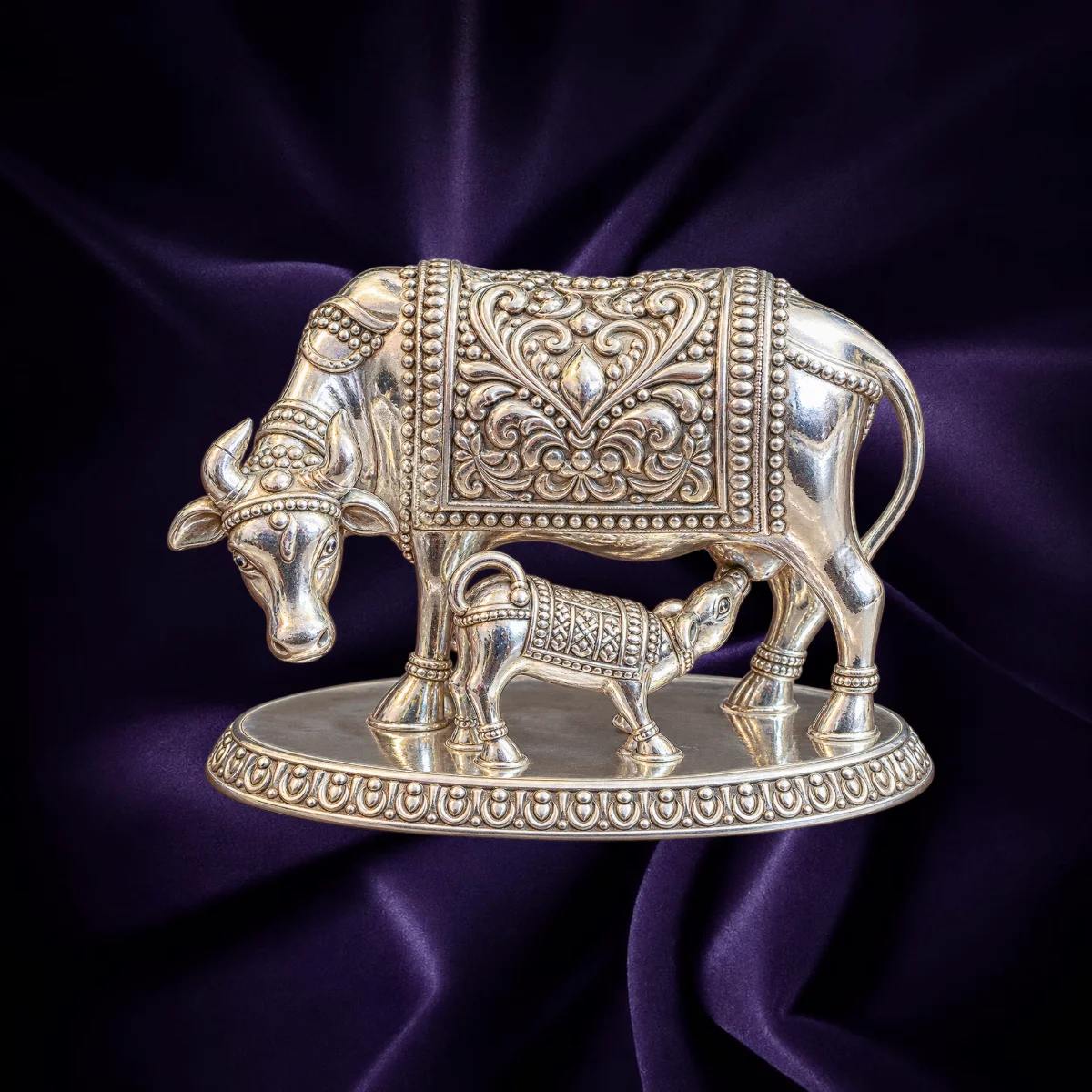 Kamadhenu cow and calf silver idol
