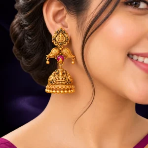 Lakshmi temple Jhumka earrings with traditional stone detailing