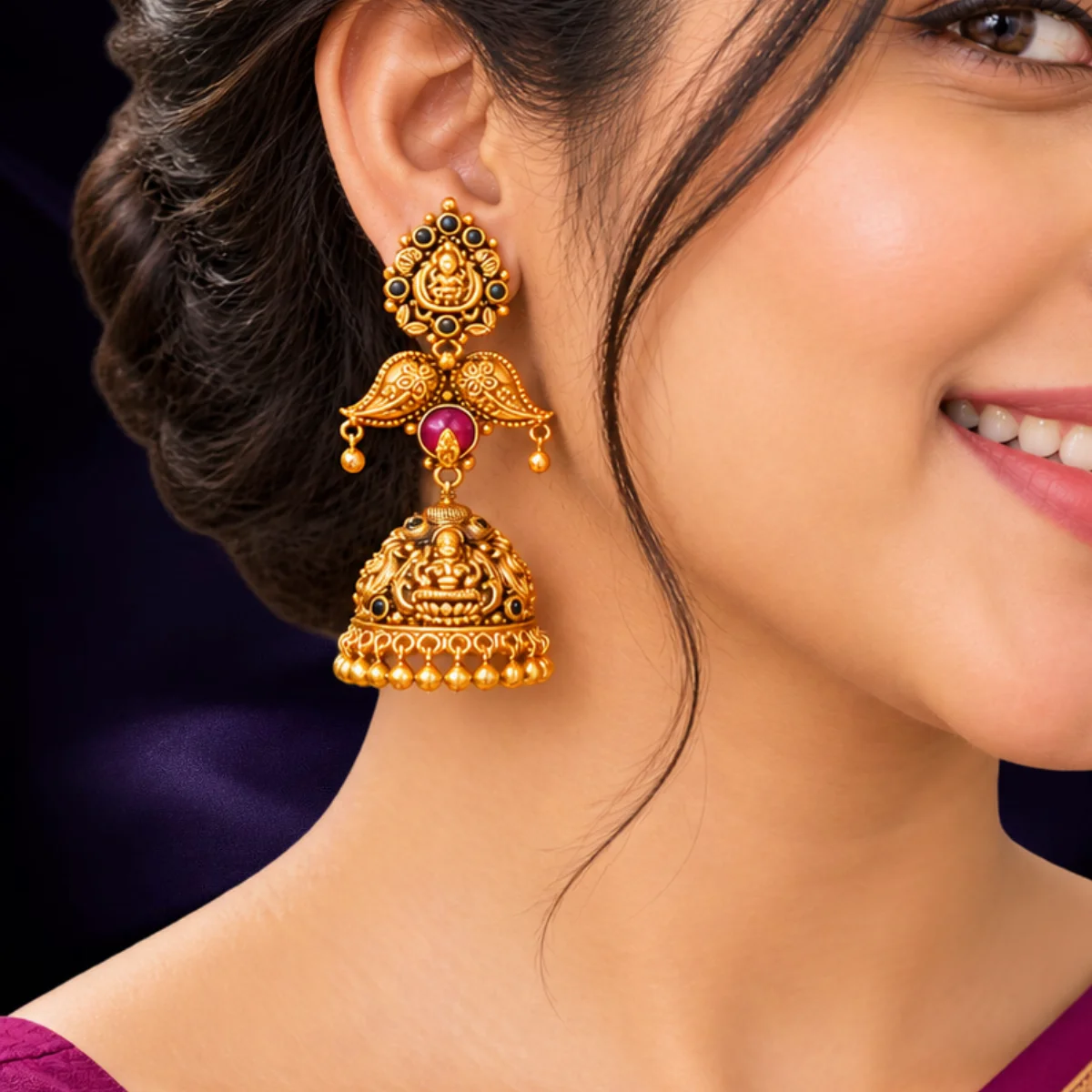 Lakshmi temple Jhumka earrings with traditional stone detailing
