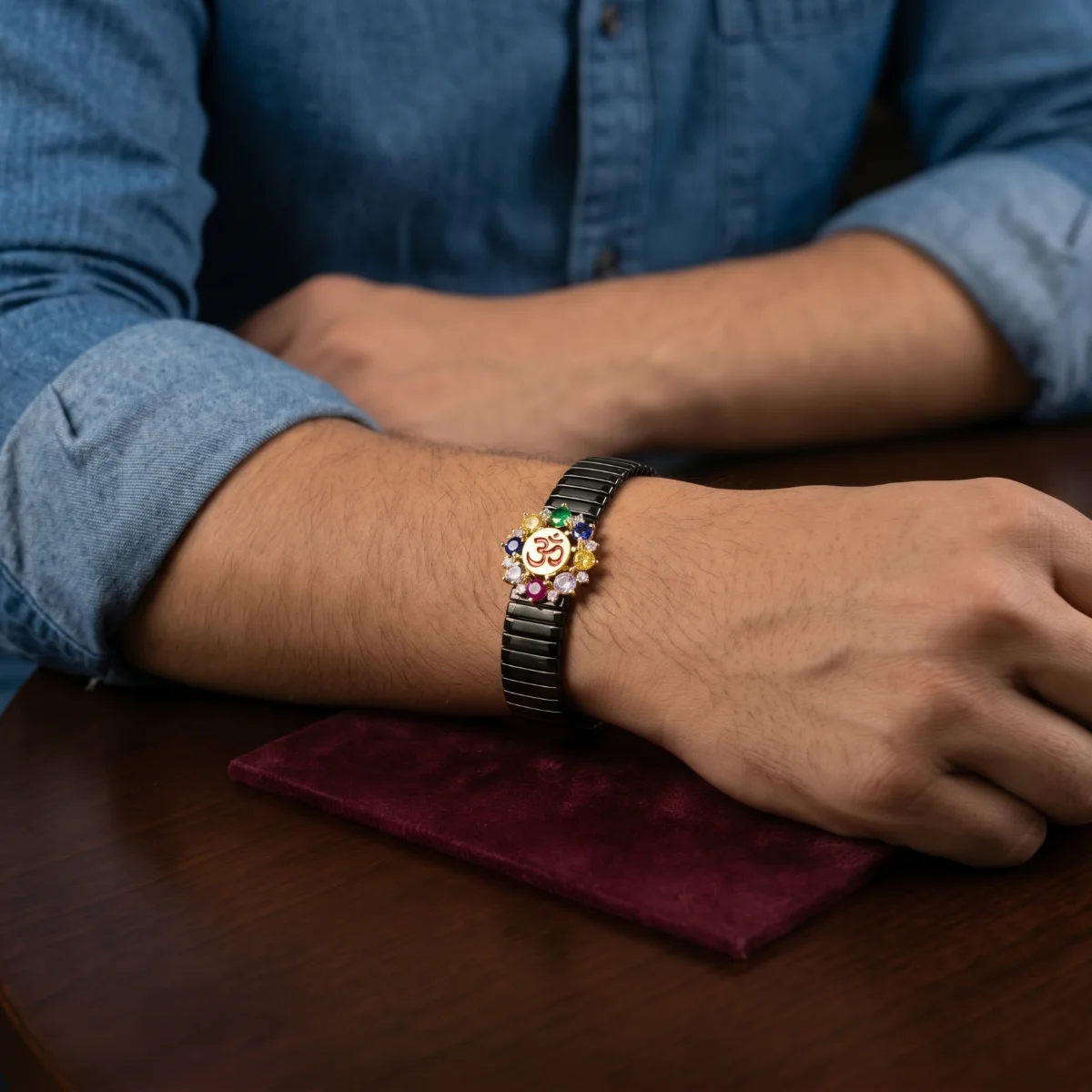 Om symbol 92.5 silver wrist band for men with multicolour stones