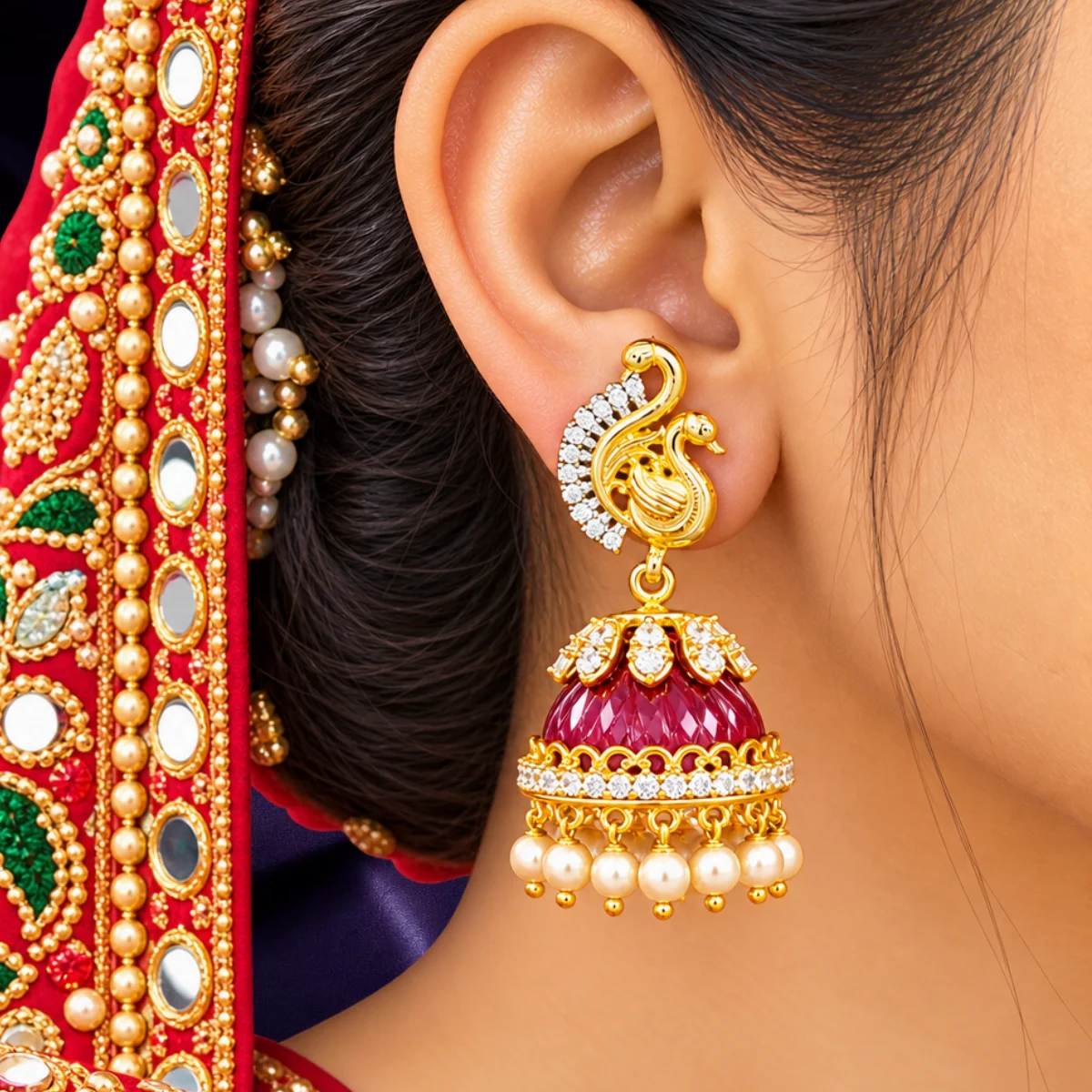 Peacock motif Buttalu earrings with dome Jhumka and pearl drops